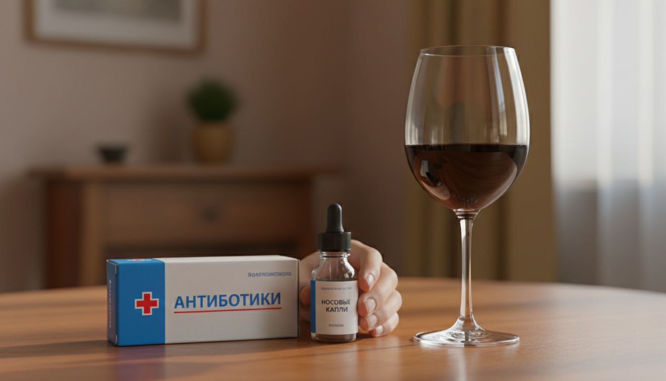 упаковка антибиотиков, носовые капли, бокал вина на столе